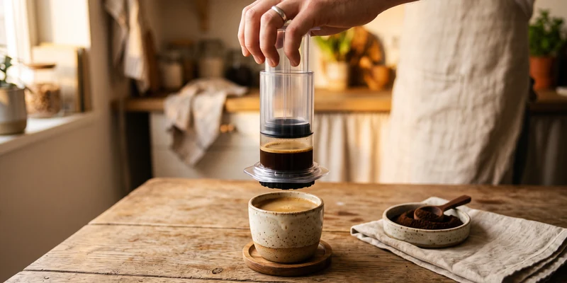 Manual coffee press over a cup of concentrated coffee on a wooden table
