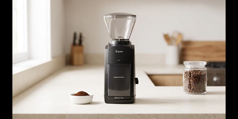 Conical burr coffee grinder on a kitchen counter with ground coffee and whole beans