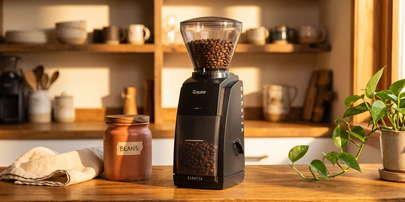 Conical burr coffee grinder on a warm oak counter in morning sunlight
