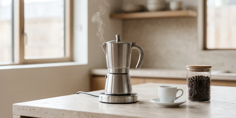 Electric moka coffee maker on a kitchen counter with an espresso cup