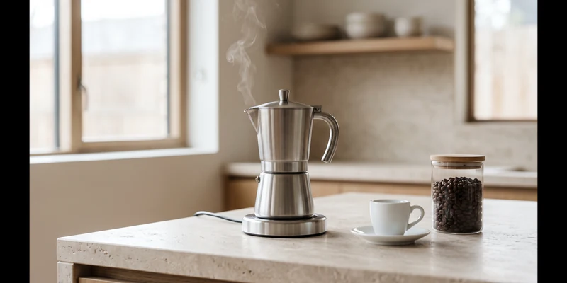 Electric moka coffee maker on a kitchen counter with an espresso cup
