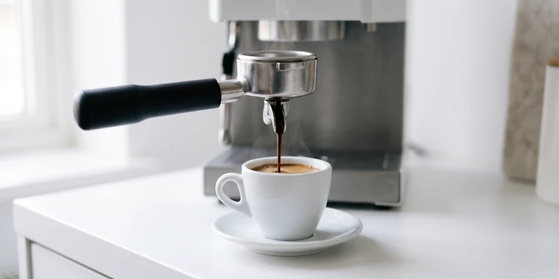Close up of a portafilter pouring espresso into a small white cup