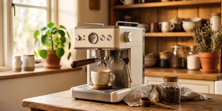 Cream and steel espresso machine on an oak counter in a cottage kitchen
