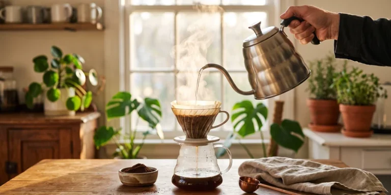 Gooseneck kettle pouring over a ceramic dripper on an oak table in backlight