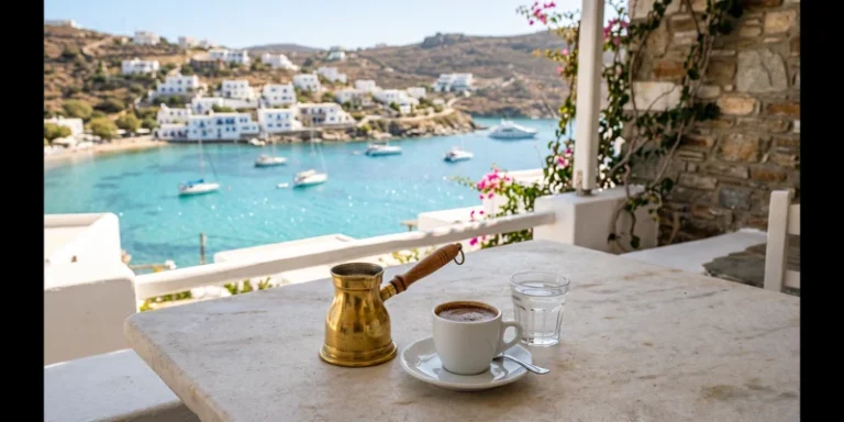 Briki and a cup of Greek coffee on a terrace overlooking a sunlit bay