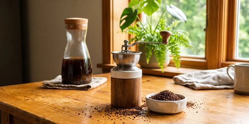 Burr grinder with very coarse grounds and a cold brew carafe in warm light