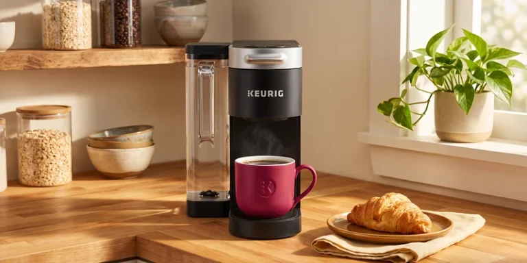 Pod coffee maker in a cozy breakfast nook with coffee and a croissant