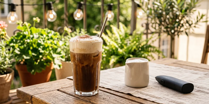 Iced coffee with cold foam on a warm terrace table with a handheld frother