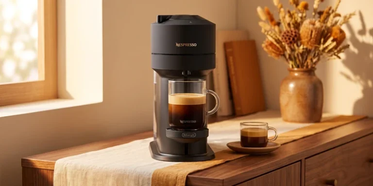 Capsule espresso machine on a walnut sideboard in a cozy living kitchen