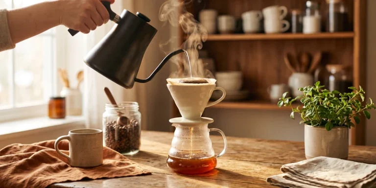 Pour over coffee brewing on a rustic oak table in golden morning light