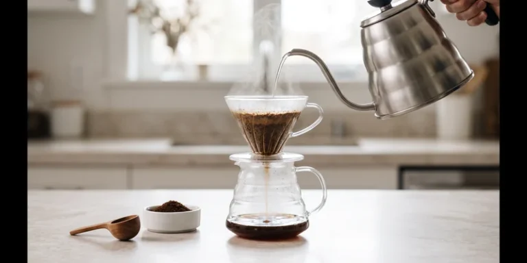 Gooseneck kettle pouring over a glass dripper and carafe on a kitchen counter