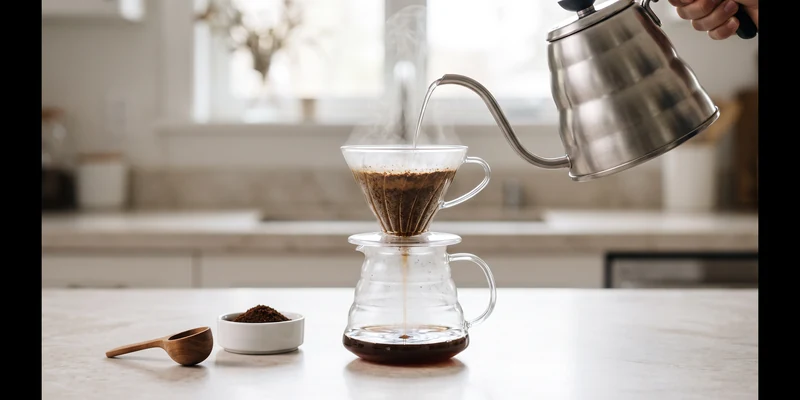 Gooseneck kettle pouring over a glass dripper and carafe on a kitchen counter