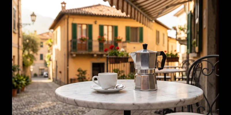 Stainless steel moka pot and espresso cup on an Italian bistro terrace table