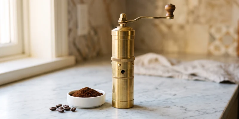 Brass hand grinder for Turkish coffee beside a dish of fine coffee powder