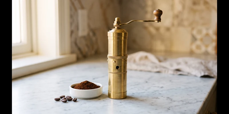 Brass hand grinder for Turkish coffee beside a dish of fine coffee powder