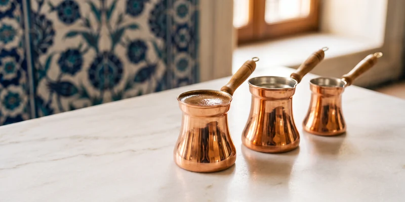 Three copper cezve pots in graduated sizes on a marble surface