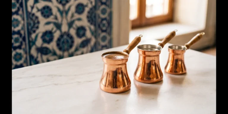 Three copper cezve pots in graduated sizes on a marble surface