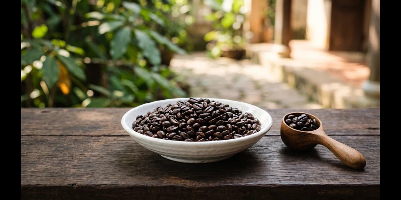 Bowl of dark roasted Vietnamese coffee beans with a wooden scoop