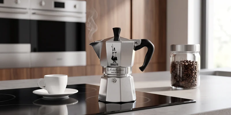 Bialetti Moka Express brewing on a kitchen hob