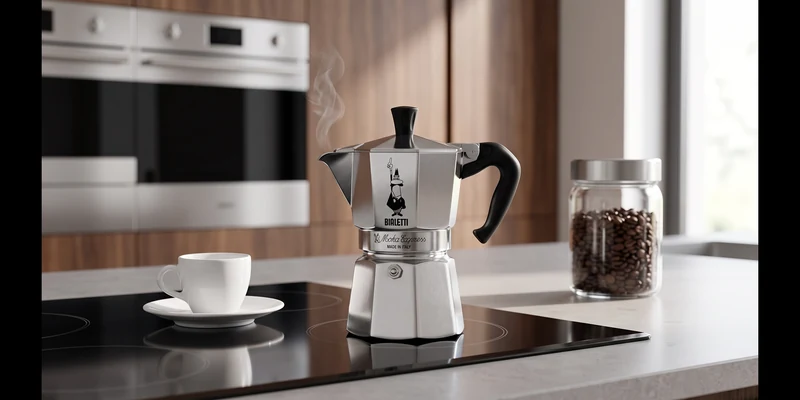 Bialetti Moka Express on a kitchen hob with an espresso cup and jar of beans