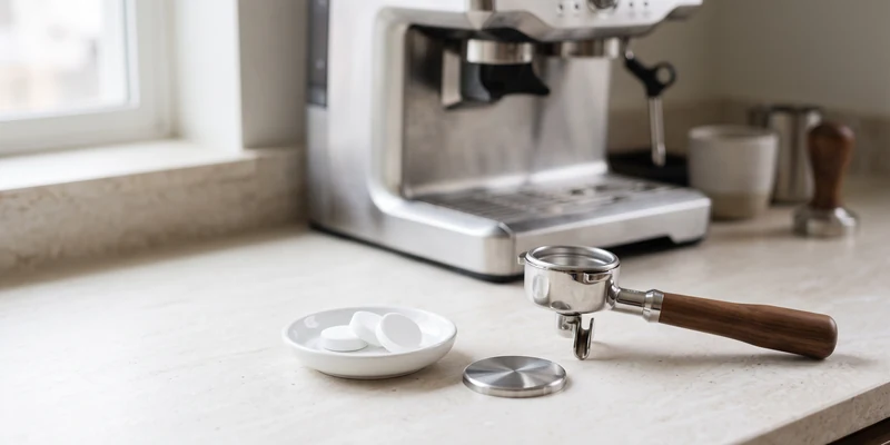 Cleaning tablets, a filter disc and a portafilter on a kitchen counter
