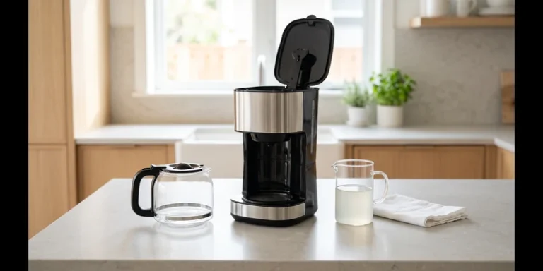 Drip coffee maker with open reservoir beside a jug of vinegar solution