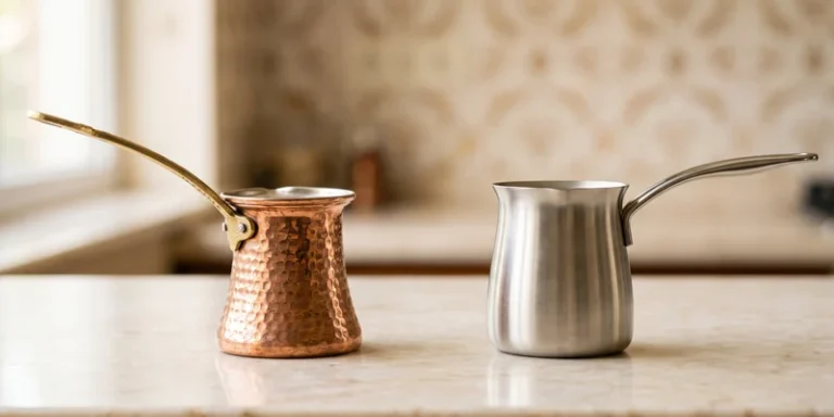 Copper and stainless steel Turkish coffee pots side by side on marble