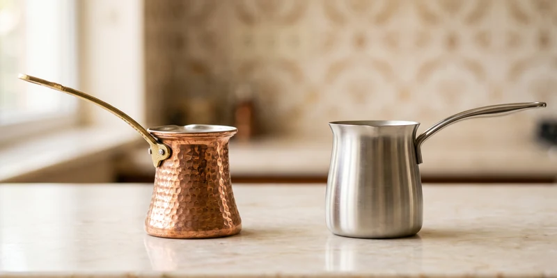 Copper and stainless steel Turkish coffee pots side by side on marble