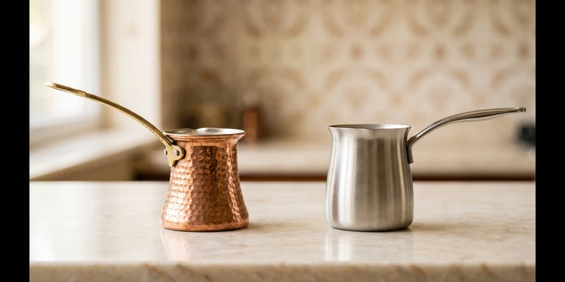 Copper and stainless steel Turkish coffee pots side by side on marble