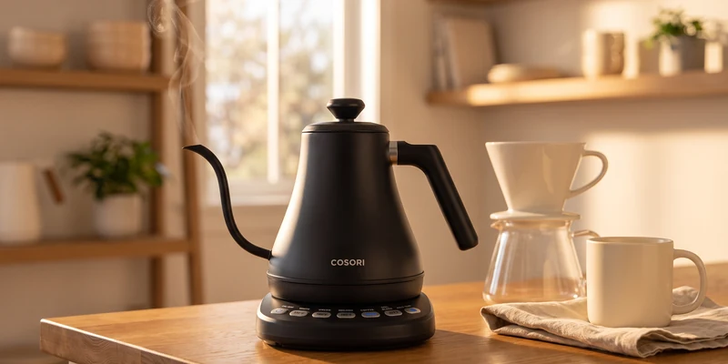 Electric gooseneck kettle steaming in a warm morning coffee corner