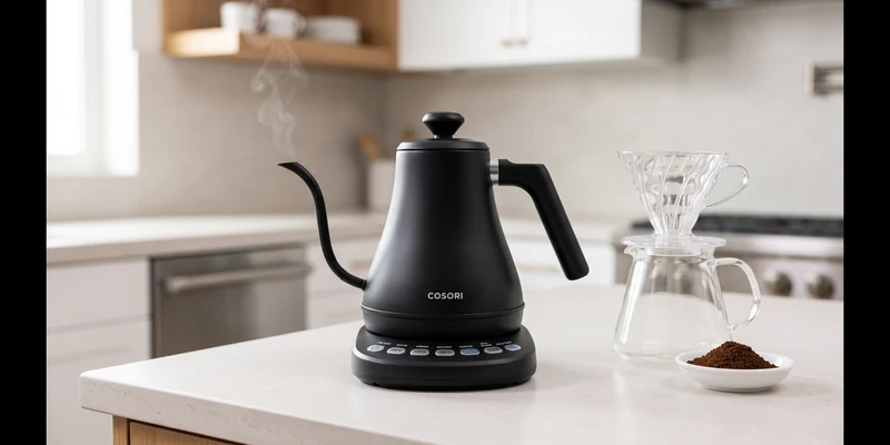 Electric gooseneck kettle on a counter beside a glass pour over dripper