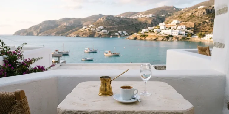Greek coffee and a briki on a whitewashed terrace overlooking a bay with fishing boats