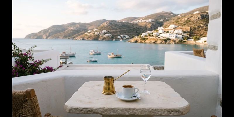 Greek coffee and a briki on a whitewashed terrace overlooking a bay with fishing boats