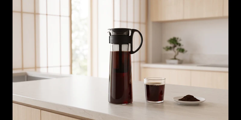 Glass cold brew bottle filled with coffee in a minimalist Japanese style kitchen