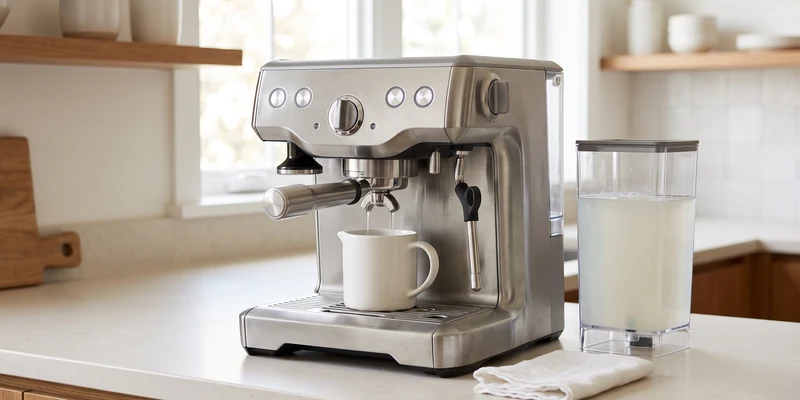 Espresso machine with its water tank removed and filled with descaling solution