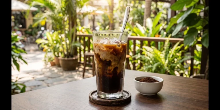 Tall glass of iced Vietnamese style coffee with condensed milk on a terrace