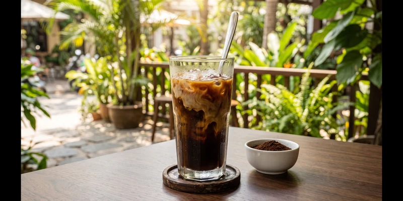 Tall glass of iced Vietnamese style coffee with condensed milk on a terrace