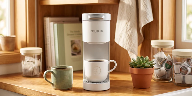 Slim pod coffee maker on a warm wooden shelf in a cozy apartment kitchen