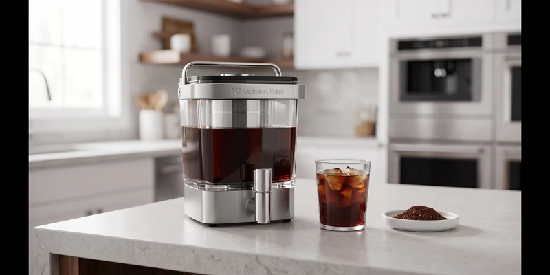 Cold brew coffee maker in a bright modern kitchen with a glass of iced coffee