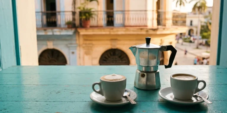 Moka pot and two small cups of Cuban cafecito on a turquoise table in Havana