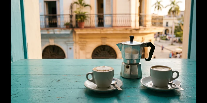 Moka pot and two small cups of Cuban cafecito on a turquoise table in Havana