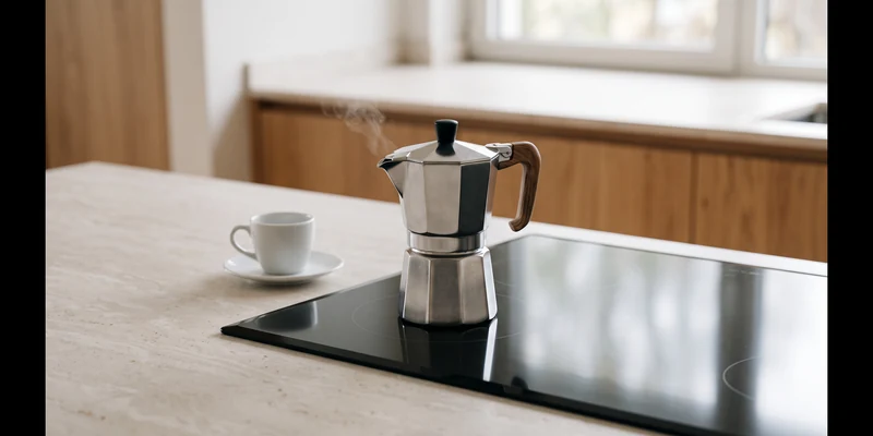 Stainless steel moka pot on a black induction hob with an espresso cup