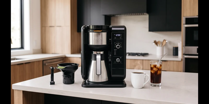 Hot and cold coffee brewing machine on a kitchen counter with a mug and iced coffee