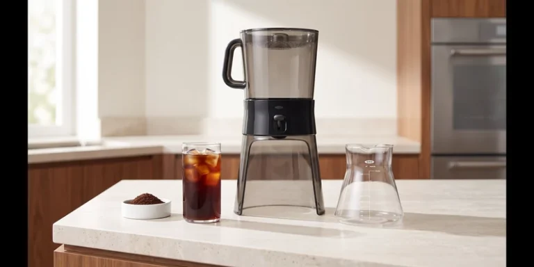 Cold brew coffee maker on a kitchen counter beside a glass of iced coffee