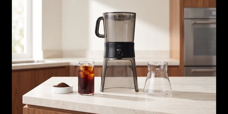 Cold brew coffee maker on a kitchen counter beside a glass of iced coffee