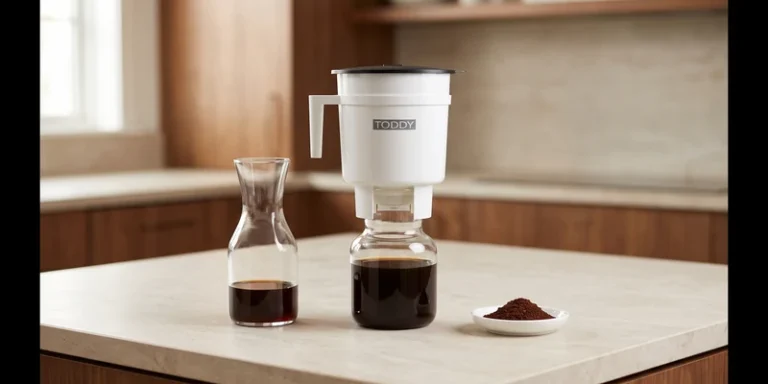 Cold brew brewing system on a counter with a carafe of coffee concentrate