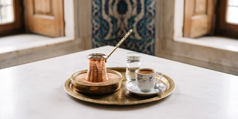 Copper cezve on a brass tray with a porcelain cup of Turkish coffee