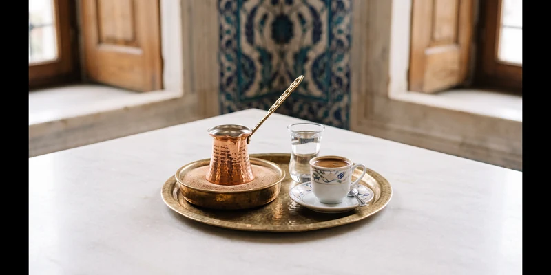 Copper cezve on a brass tray with a porcelain cup of Turkish coffee