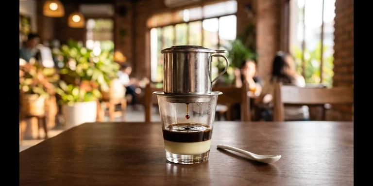 Stainless phin filter dripping coffee into a glass with condensed milk