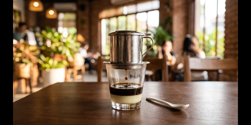 Stainless phin filter dripping coffee into a glass with condensed milk
